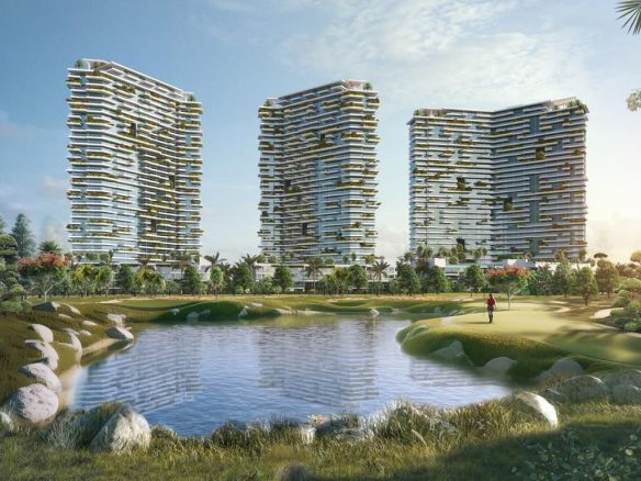 A photo of the Golf Greens Building exterior facing a lake and Trump Golf Course in Dubai.