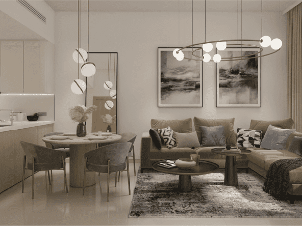 A spacious living room and a luxury apartment at Jannat by Deyaar at Dubai Production City.