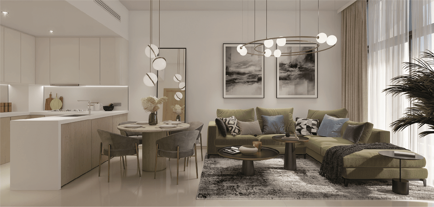 A spacious living room and a luxury apartment at Jannat by Deyaar at Dubai Production City.