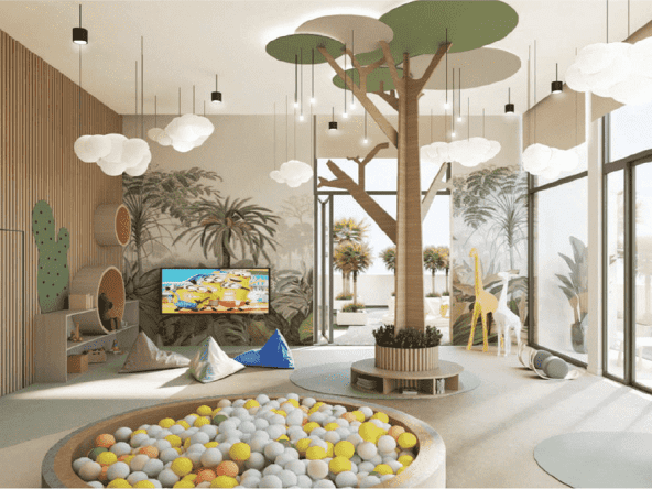 A rendering of a children's play area at Jannat by Deyaar at Dubai Production City. The play area is surrounded by lush greenery and palm trees, and it features a variety of play equipment, including slides, swings, and a climbing frame.