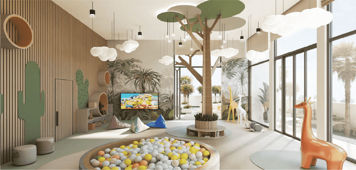 A rendering of a children's play area at Jannat by Deyaar at Dubai Production City. The play area is surrounded by lush greenery and palm trees, and it features a variety of play equipment, including slides, swings, and a climbing frame.