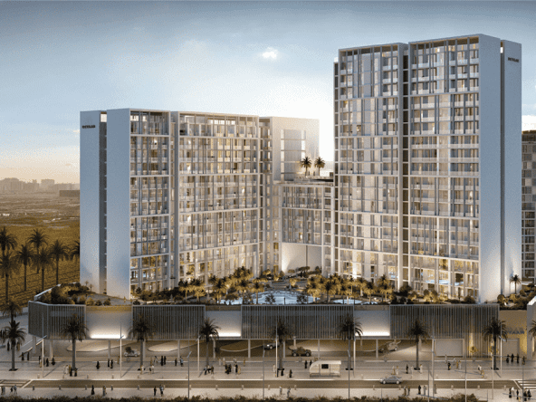 A conceptual artist's impression of a luxury apartment at Jannat by Deyaar in Dubai. The apartment features a spacious living room with floor-to-ceiling windows, a modern kitchen, and a master bedroom with an en-suite bathroom.