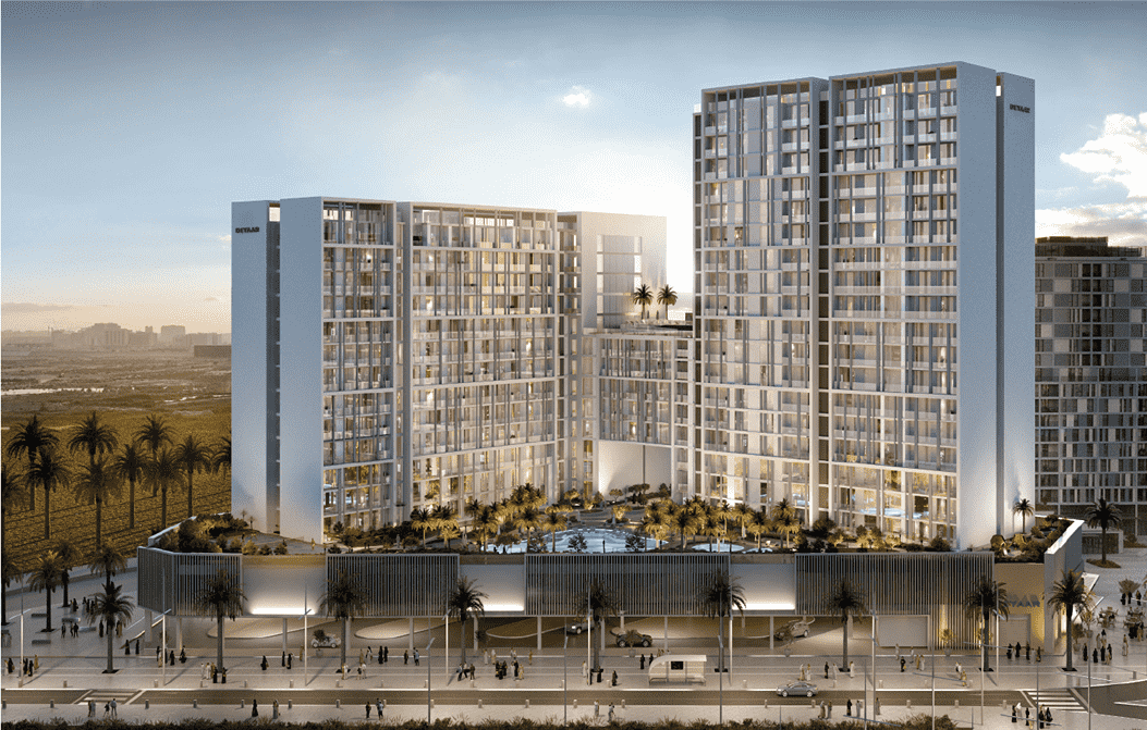 A conceptual artist's impression of a luxury apartment at Jannat by Deyaar in Dubai. The apartment features a spacious living room with floor-to-ceiling windows, a modern kitchen, and a master bedroom with an en-suite bathroom.