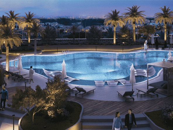 A photo of a swimming pool surrounded by palm trees in the Jannat at Dubai Midtown development.