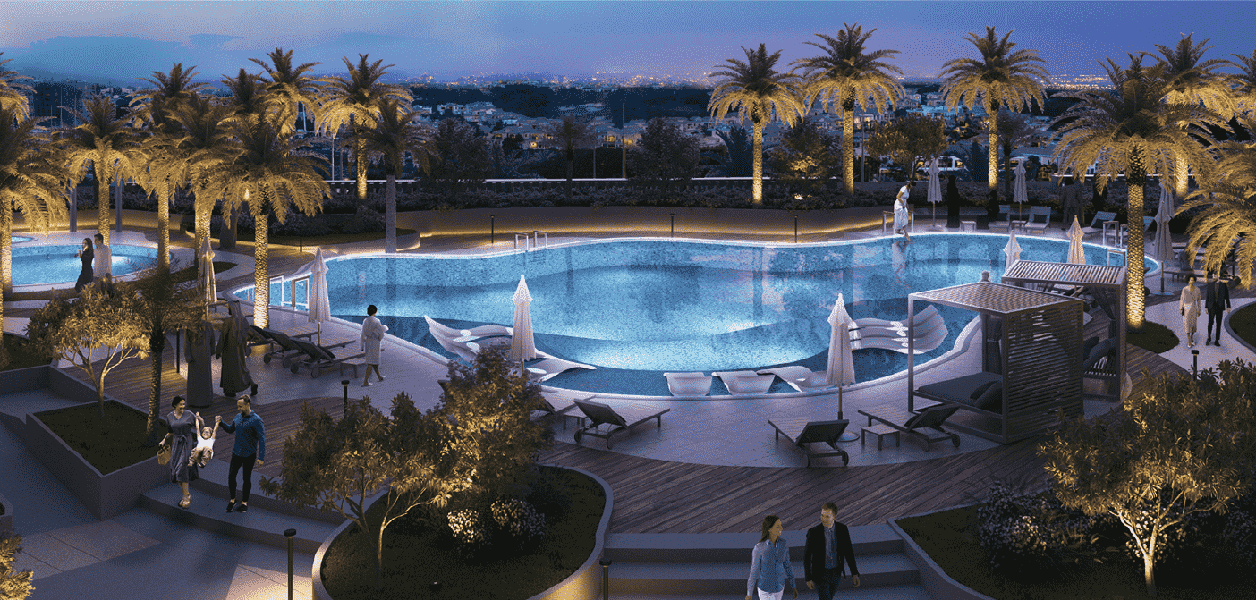 A photo of a swimming pool surrounded by palm trees in the Jannat at Dubai Midtown development.