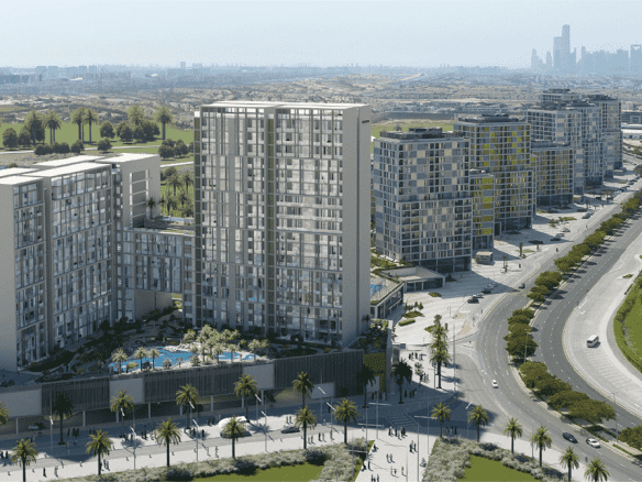 Aerial view of Jannat by Deyaar at Dubai Midtown, a luxury residential development. The photo shows the complex's tall buildings, lush green spaces, and swimming pools.