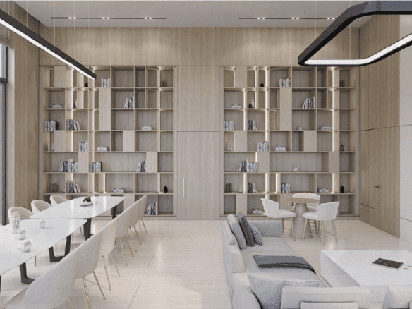 A living room with a long table and chairs in a luxury apartment at Jannat by Deyaar at Dubai Midtown.