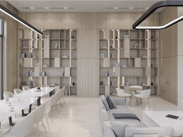 A living room with a long table and chairs in a luxury apartment at Jannat by Deyaar at Dubai Midtown.