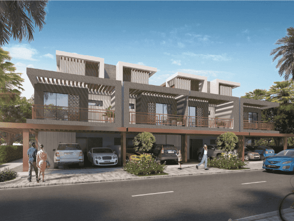 The townhouses are located in the background.