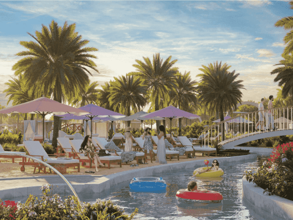 The image shows the Malibu Bay artificial beach, the lazy river, the wave surfing pool, and the floating pool.