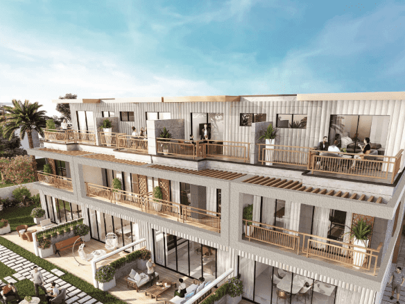 The townhouses are located in the background.