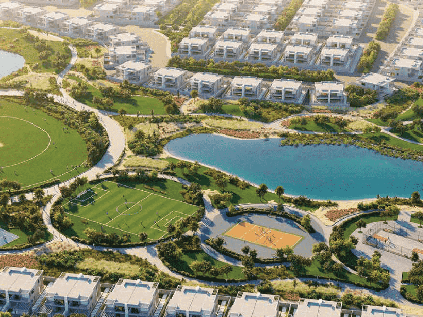 Aerial view of Verona at Damac Hills 2, a new townhouse development in Dubai.