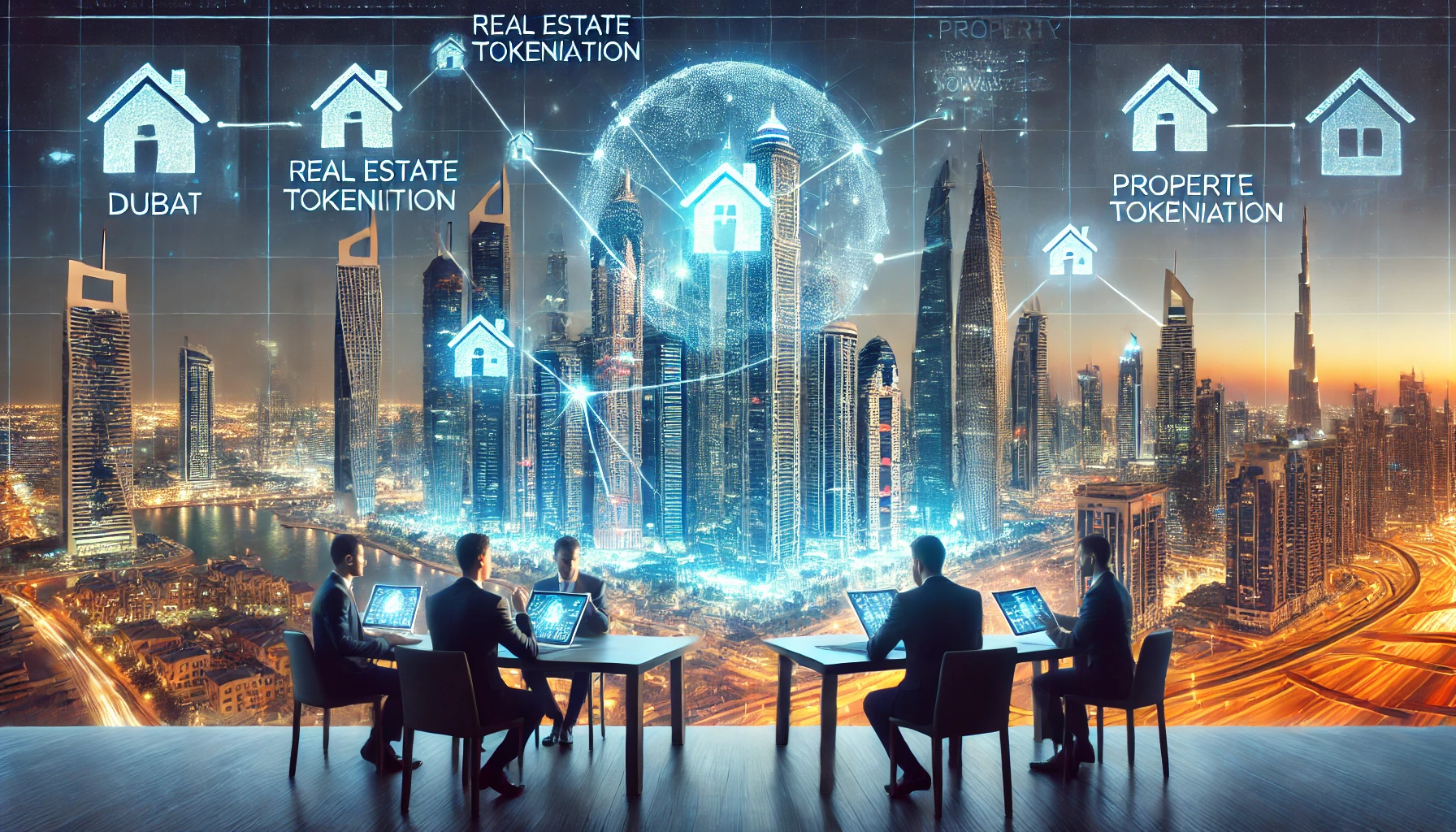 : Dubai skyline with blockchain nodes symbolizing real estate tokenization.