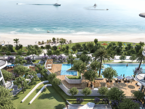 Sobha Aquamont waterfront apartments in Downtown UAQ with sea views, modern architecture, and lush green spaces