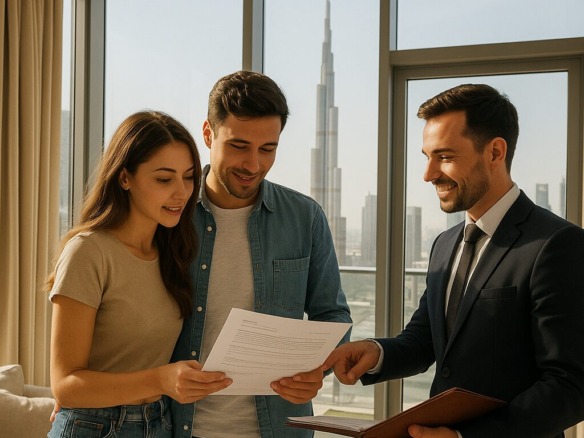 First-time home buyer Dubai – Couple reviewing property with DKV agent