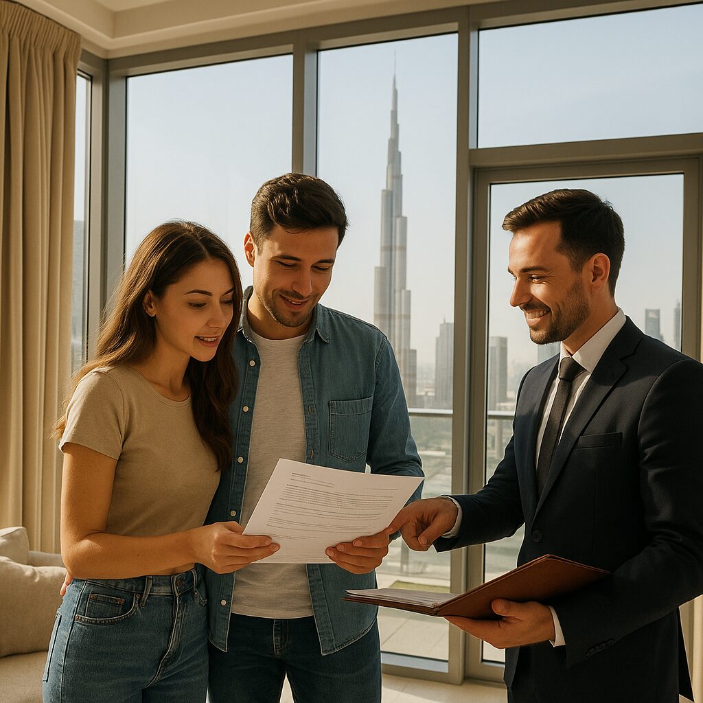 First-time home buyer Dubai – Couple reviewing property with DKV agent