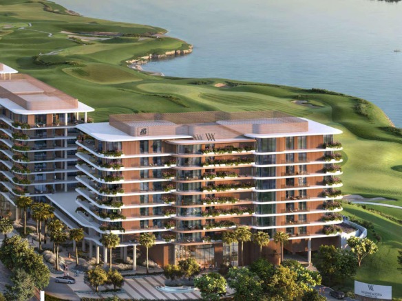Waldorf Astoria Residences Yas Island by Aldar overlooking Yas Links Golf Course and Yas Marina Circuit in Abu Dhabi.