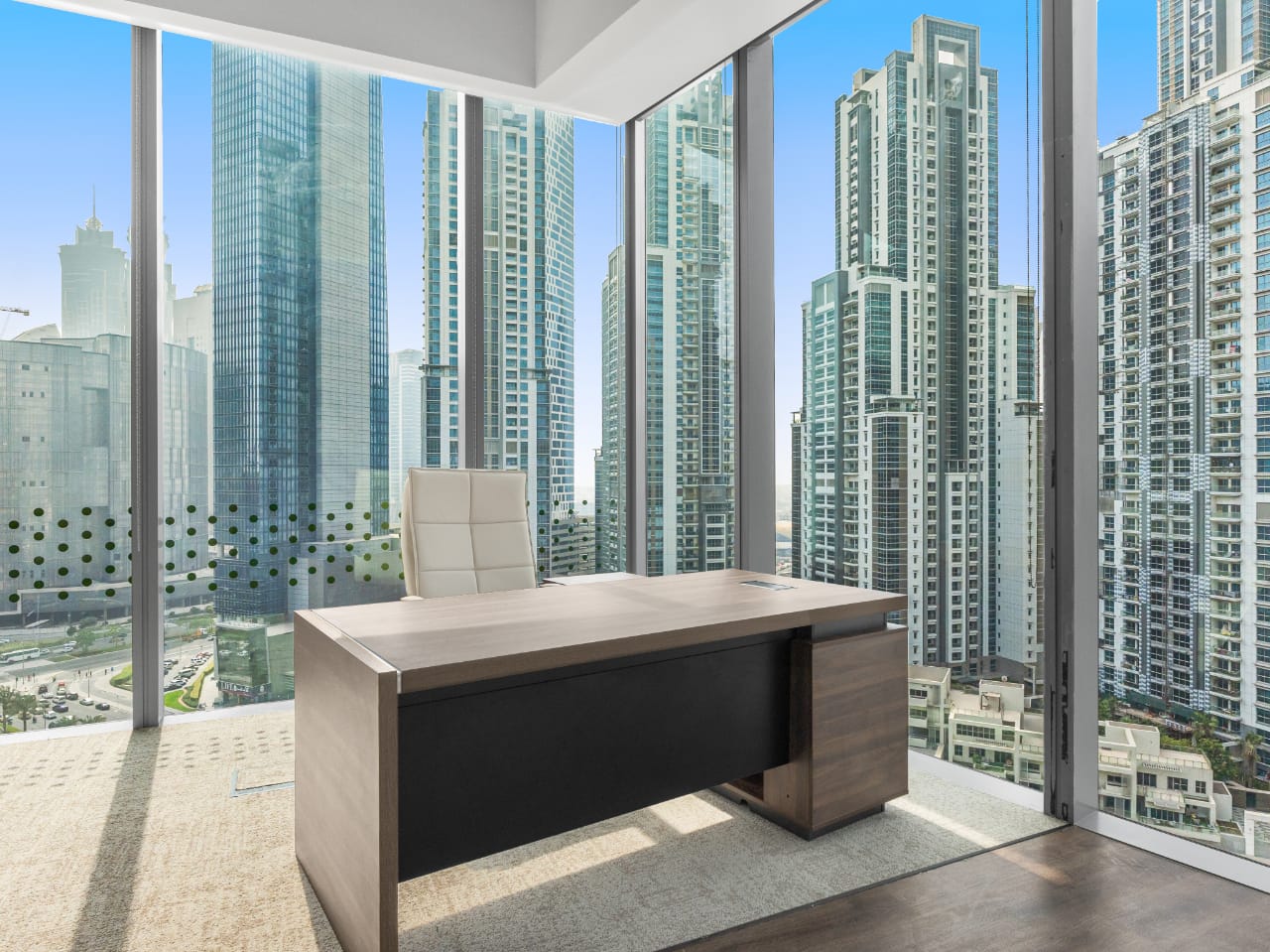 Office for rent in The Opus – furnished 945 sqft workspace with Burj Khalifa view in Business Bay Dubai.